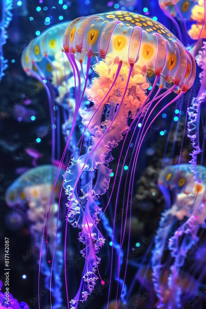 Biomechanical jellyfish lagoon side view, hybrid creatures swimming ...