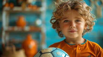 Wall Mural - Little boy with a soccer ball, wearing a sports kit, electric blue background.