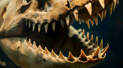 A close up of a shark's mouth with its teeth showing. The teeth are sharp and pointy, and the mouth is wide open. Concept of danger and fear