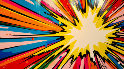 Poster - A colorful explosion with a yellow center. The explosion is made up of many different colors, including red, blue, and green. The explosion appears to be very energetic and dynamic