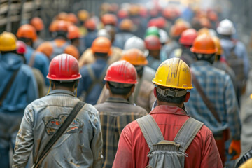 A group of construction workers wearing hard hats and safety gear. Scene is serious and focused, as the workers are likely working on a construction site