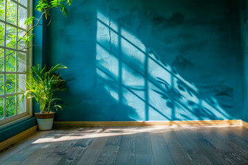 Poster - A large window in a room with a blue wall and a plant in a pot. The room is empty and has a bright, sunny atmosphere