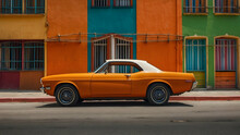 Classic Orange Muscle Car By Colorful Buildings