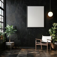 Wall Mural - square empty white frame poster on a black  wall of a modern and interior space