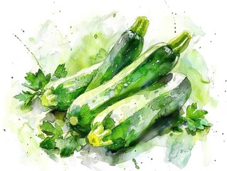 Wall Mural - watercolor, baby zucchini, vivid green, colors, white background