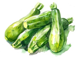 Wall Mural - watercolor, baby zucchini, vivid green, colors, white background