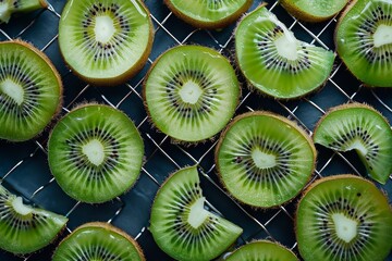 An isolated arrangement of vibrant green kiwi fruit slices showcasing its texture.