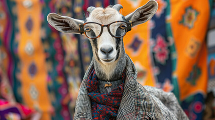 Wall Mural - cute goat dressed in a coat, pent, and glasses, blur lighting background