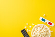 © ActionGP - Home theater vibes: top view of popcorn, 3D glasses, and remote control for streaming. Ideal for promotions or personalized messages against bright yellow