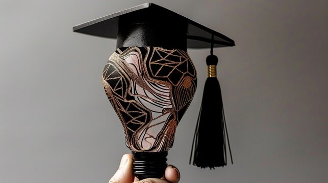 Light bulb with a graduation hat held by a hand on a grey background, representing education and knowledge for success in life Text space on the right side Black tassel on the cap and a world map insi