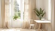 © lililia - apartment, accentuated by white walls, large windows, and elegant beige curtains framing two sliding doors.