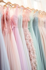 Wall Mural - Collection of elegant pastel color formal dresses for sale in luxury modern shop boutique. 