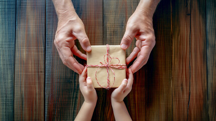 Wall Mural - Little kid gives a present box to her father, only hands on the image on wooden table, view from the top, father's day concept, copy space