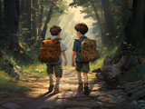 Fototapeta Natura - Boys on a forest path with backpacks. Summer adventure trips to nature.