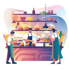 colorful illustration of food catering and a restaurant on a light color gradient background