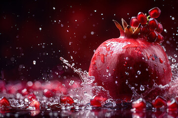 Poster - Water splashes onto a vibrant red pomegranate, creating droplets on its surface