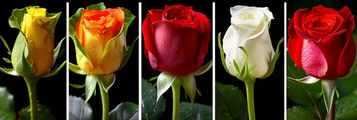 Poster - A row of vibrant roses of various colors lined up against a black backdrop