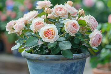 Canvas Print - Pink roses blooming in a blue pot surrounded by greenery in a garden setting