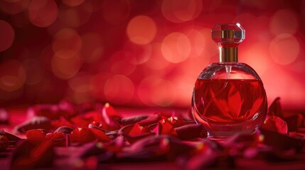 Sticker - Fragrant perfume and delicate rose petals create a romantic Valentine s Day atmosphere against a vibrant red backdrop