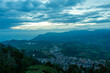 © Bruno - Wide panorama of the colonial village, pueblo, of Jerico, Jericó, Antioquia, Colombia, with an evening orange sky and the Andes Mountains in the background. From the Cerro las Nubes.
