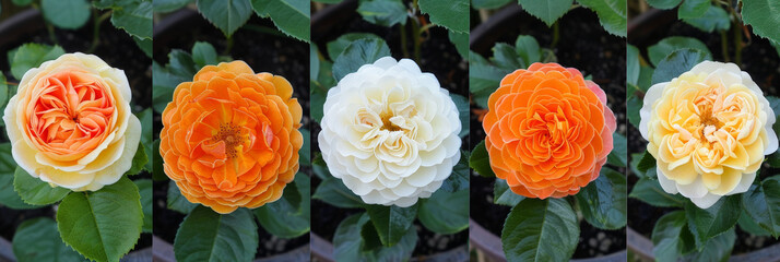 Poster - A row of orange and white roses lined up neatly in a garden, showcasing the vibrant colors and delicate petals of the flowers