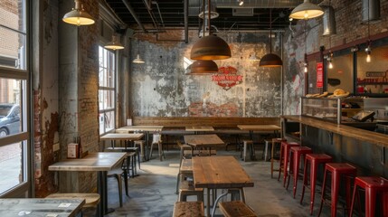 Leinwandbilder - A cozy urban cafe featuring exposed brick walls, industrial lighting, wooden tables, and red bar stools in a calm, daylight setting.