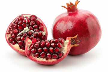 Wall Mural - Whole and sliced pomegranate with red seeds on a white background.