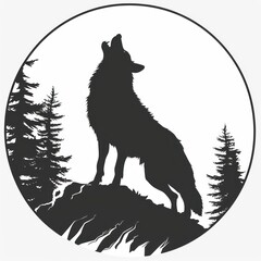 lone wolf howling illustration silhouette, logo style, black and white colors
