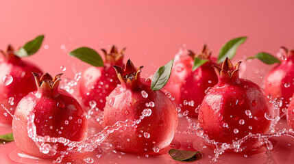 Poster - A pomegranate being splashed with water on a pink background