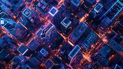 Wall Mural - Aerial view of a city at night, buildings forming geometric patterns with their lights, serene blue and purple tones, Futuristic, 3D Rendering