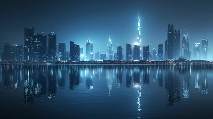 Wall Mural - City skyline at night with a prominent landmark building, reflections on water, soft lighting, vintage style, high detail, calm and serene