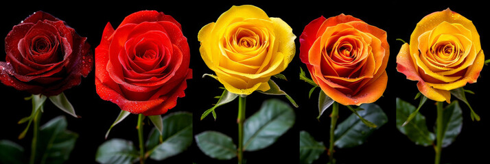 Wall Mural - Various colored roses lined up neatly against a stark black background, showcasing a vibrant display of natures beauty in contrasting hues