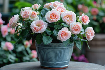 Poster - Pink roses blooming in a pot placed on a wooden table, showcasing their vibrant color and delicate petals