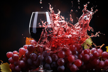 Aufkleber - A glass of red wine with vibrant red grapes being dropped into it, creating splashes of liquid and fruit in motion