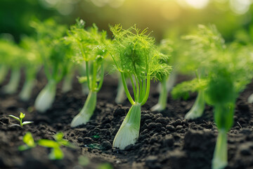 Poster - Young fennel plants with green leaves and stems growing in the brown soil