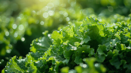 Aufkleber - Detailed view of green kale leaves glistening in sunlight