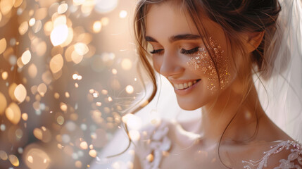 Sticker - A bride, dressed in wedding attire, smiling joyfully in front of a shimmering golden bokeh background