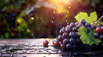 Aufkleber - Ripe purple grapes with water droplets are placed on a rustic wooden table