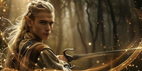 Blonde male Elf warrior brandishes magical sword in mystical forest setting. Concept Fantasy Photoshoot, Elf Warrior, Magical Sword, Mystical Forest, Blonde Male