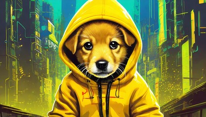 Puppy wearing a yellow hoodie