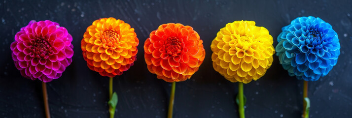 Poster - Bright and vibrant flowers arranged in a row against a dark black background