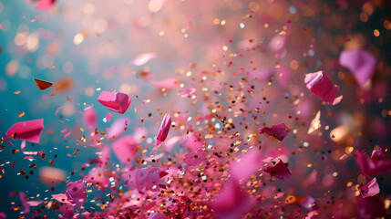 Leinwandbilder - Pink confetti descends against a dark backdrop, creating a striking contrast with its vivid color