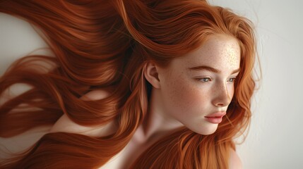 Wall Mural - A beautiful caucasian woman showcasing long, smooth, and shiny mahogany hair, advertising for hair dye products, hair care, white solid color background, copy space.