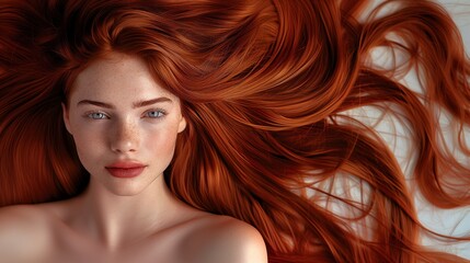 Wall Mural - A beautiful caucasian woman showcasing long, smooth, and shiny mahogany hair, advertising for hair dye products, hair care, white solid color background, copy space.