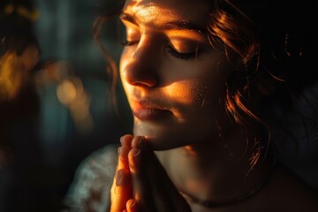 Wall Mural - Woman Praying With Her Hands Together In Prayer Warm Light Above Her Head