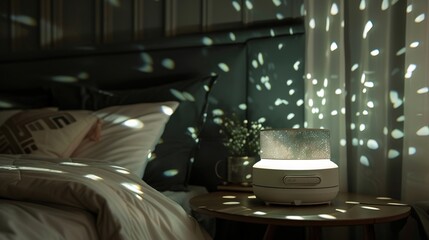 A star projector casting a soothing pattern of lights across a cozy bedroom