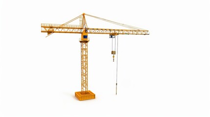 Poster - A 3D rendering of a full-height yellow tower crane isolated on a white background, representing building and construction equipment.