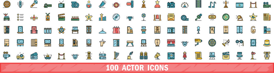 Sticker - 100 actor icons set. Color line set of actor vector icons thin line color flat on white
