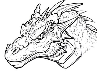 dragon head fantasy black and white line art artwork, on white background