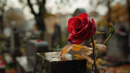 Wall Mural - in accordance with religious custom a single flower is placed at the grave in the cemetery as a symb
